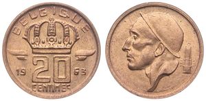 Belgium, Kingdom, Baudouin I, 20 Centimes Bronze 1963FR, Helmeted mine worker left, Morin 733, UNC !