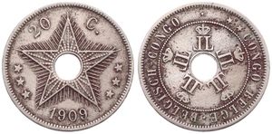 Belgian Congo, Colony, Leopold II, 20 Centimes Copper-Nickel 1909, Center hole flanked by crowned monograms within beaded circle, KM 14, Medal Alignment, A.VF