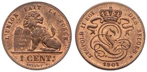 Belgium, Kingdom, Leopold II, 1 Centime Copper 1901FR, Seated lion with tablet, Morin 230, UNC