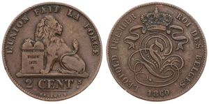 Belgium, Kingdom, Leopold I, 2 Centimes Copper 1860, Seated lion with tablet, Morin 108b, WITH SMALL o IN DATE, VF
