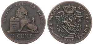 Belgium, Kingdom, Leopold I, 2 Centimes Copper 1841, Seated lion with tablet, Morin 91, SCARCER DATE, Fine