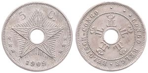 Belgian Congo, Colony, Leopold II, 5 Centimes Copper-Nickel 1909, Center hole flanked by crowned monograms within beaded circle, KM 12, Coin Alignment, VF