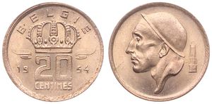 Belgium, Kingdom, Baudouin I, 20 Centimes Bronze 1954FL, Helmeted mine worker left, Morin 727, UNC !