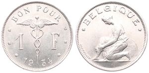 Belgium, Kingdom, Albert I, 1 Franc Nickel 1934FR, Kneeling woman left, Morin 408, UNC