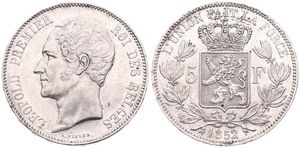Belgium, Kingdom, Leopold I, 5 Francs Silver 1852, Bare head left, Morin 42, XF !