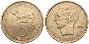 Belgian Congo, Colony, Leopold III, 5 Francs Nickel-Bronze 1936, Head of the King left, KM 24, VF