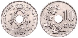Belgium, Kingdom, Albert I, 10 Centimes Copper-Nickel 1928FL, Center hole within crowned monogram, Morin 350, UNC