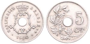 Belgium, Kingdom, Leopold II, 5 Centimes Copper-Nickel 1904FL, Center hole within crowned monogram, Morin 274, XF