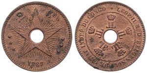Congo Free State, Royal Domain, Leopold II, 2 Centimes Copper 1887, Center hole flanked by crowned monograms within beaded circle, KM 2, VF