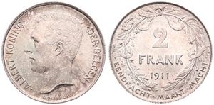 Belgium, Kingdom, Albert I, 2 Francs Silver 1911FL, Head left, Morin 285, A.UNC