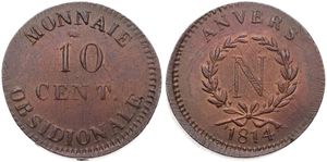 Belgium, Kingdom, Antwerpen (Siege of Antwerp), Napoleon, 10 Centimes Bronze 1814, Emergency issue - Without initials or name on ribbon, KM 5.2, XF
