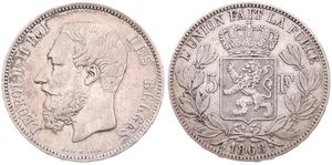 Belgium, Kingdom, Leopold II, 5 Francs Silver 1868, Bearded head left, Morin 155a (RARE POSITION B), VF