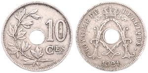 Belgium, Kingdom, Albert I, 10 Centimes Copper-Nickel 1921FR, Center hole within crowned monogram, Morin 339, SCARCE VARIETY : 1/2 MEDAL ALIGNMENT !, VF