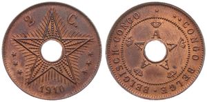 Belgian Congo, Colony, Albert I, 2 Centimes Copper 1910, Center hole flanked by crowned monograms within beaded circle, KM 16, XF
