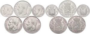 Belgium, Kingdom, Leopold II, Good lot with 5 different 2 & 5 Francs silver coins in various grades including better items or grades...