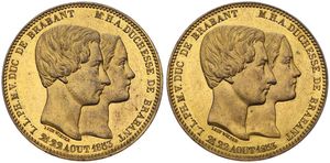 Belgium, Kingdom, Leopold I, Hybrid 5 Francs (ESSAI) Gilt Copper 1853 with both sides struck with reverse dies. Marriage of the Duke and Duchess of Brabant. Conjoined busts, RRRR, A.UNC