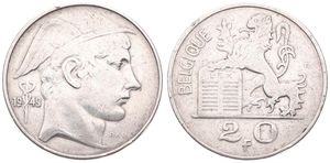 Belgium, Kingdom, Prince Charles, 20 Francs Silver 1949FR, Helmeted head of Mercurius right, Morin 516, RARE MEDAL ALIGNMENT, VF (edgenick)