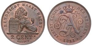 Belgium, Kingdom, Albert I, 2 Centimes Copper 1911FL, Seated lion with tablet, Morin 311, UNC