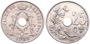 Belgium, Kingdom, Albert I, 25 Centimes Copper-Nickel 1920FR, Center hole within crowned monogram, Morin 323, XF