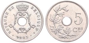 Belgium, Kingdom, Leopold II, 5 Centimes Copper-Nickel 1903FR, Center hole within crowned monogram, Morin 271, SCARCER DATE, UNC-