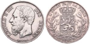 Belgium, Kingdom, Leopold II, 5 Francs Silver 1867, Bearded head left, Morin 154, VERY RARE VARIETY WITH WIEEER IN STEAD OF WIENER !!, A.VF