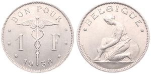 Belgium, Kingdom, Albert I, 1 Franc Nickel 1930FR, Kneeling woman left, Morin 404, UNC