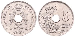 Belgium, Kingdom, Albert I, 5 Centimes Copper-Nickel 1926/25FR, Center hole within crowned monogram, Morin 368a, A.UNC