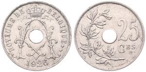 Belgium, Kingdom, Albert I, 25 Centimes Copper-Nickel 1926FR, Center hole within crowned monogram, Morin 329, SCARCE DATE & VARIETY WITH DOUBLE 6 IN DATE !, XF