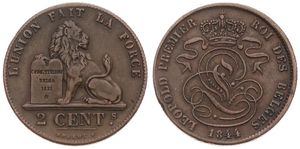 Belgium, Kingdom, Leopold I, 2 Centimes Copper 1844, Seated lion with tablet, Morin 93, SCARCER DATE, A.XF (edgenick)