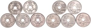 Belgium, Kingdom, Leopold II, Good lot with 5 different 10 Centimes copper-nickel coins in various grades including better items or grades...