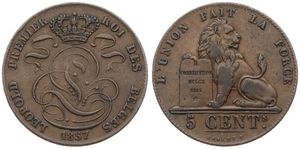 Belgium, Kingdom, Leopold I, 5 Centimes Copper 1857, Seated lion with tablet, Morin 83, SCARCE VARIETY : WITHOUT CROSS ON CROWN !, VF+