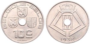 Belgium, Kingdom, Leopold III, 10 Centimes Nickel-Brass 1938FR/FL, Center hole within crowned monogram, Morin 464, UNC