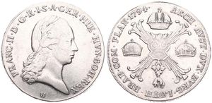 Austrian Netherlands, Franz II, 1 Kronenthaler Silver 1794H, Laureate head right / Floriated cross with 3 crowns & Golden Fleece, KM 62.1 Gunzburg, A.VF