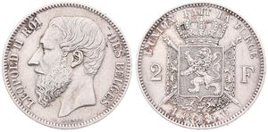 Belgium, Kingdom, Leopold II, 2 Francs Silver 1866FR, Bearded head left, Morin 168, VF