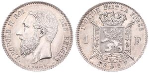 Belgium, Kingdom, Leopold II, 1 Franc Silver 1867FR, Bearded head left, Morin 173, A.UNC