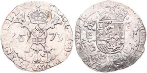 Spanish Netherlands, Charles II, 1 Patagon Silver 1673, Cross with crown and golden fleece within circle / Crowned arms within circle, VH 698.BG - Bruges, SCARCE, A.VF