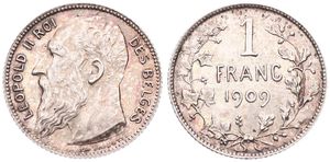 Belgium, Kingdom, Leopold II, 1 Franc Silver 1909FR, Bearded head left, Morin 200a, VARIETY WITHOUT DOT IN ENGRAVERS NAME, XF