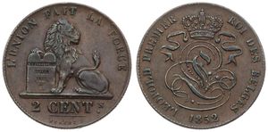 Belgium, Kingdom, Leopold I, 2 Centimes Copper 1852, Seated lion with tablet, Morin 101a, SCARCER DATE, A.XF (edgenick)