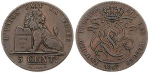 Belgium, Kingdom, Leopold I, 5 Centimes Copper 1847, Seated lion with tablet, Morin 74, VF