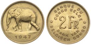 Belgian Congo, Colony, Prince Charles, 2 Francs Brass 1947, African Elephant left, KM 28, XF