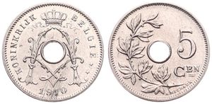 Belgium, Kingdom, Albert I, 5 Centimes Copper-Nickel 1910FL, Center hole within crowned monogram, Morin 354, UNC