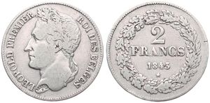 Belgium, Kingdom, Leopold I, 2 Francs Silver 1843, Laureate head left, Morin 20c (Postion A), SCARCE, VF