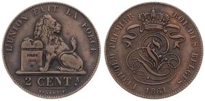 Belgium, Kingdom, Leopold I, 2 Centimes Copper 1861, Seated lion with tablet, Morin 109, A.XF