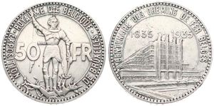 Belgium, Kingdom, Leopold III, 50 Francs Silver 1935FR (Position B), 100th Anniversary of Belgian Railways & World Exhibition in Brussels, Morin 442d, MEDAL ALIGNMENT !, A.XF