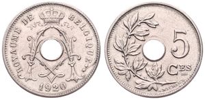 Belgium, Kingdom, Albert I, 5 Centimes Copper-Nickel 1920FR, Center hole within crowned monogram, Morin 358, UNC