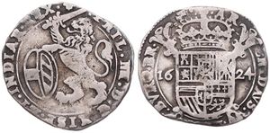 Spanish Netherlands, Philip IV, 1 Schelling Silver 1624, Rampant lion holding sword and shield left / Crowned arms on cross, VH 648.BS - Brussels, Fine