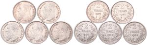 Belgium, Kingdom, Leopold II, Good lot with 5 different 2 Francs silver coins in nice grades including scarcer dates..