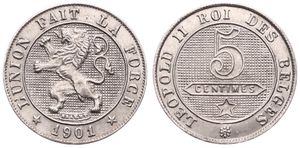 Belgium, Kingdom, Leopold II, 5 Centimes Copper-Nickel 1901FR, Rampant lion within circle left, Morin 252a, UNC