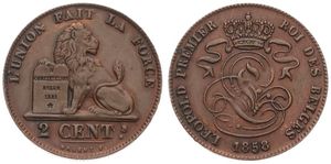 Belgium, Kingdom, Leopold I, 2 Centimes Copper 1858, Seated lion with tablet, Morin 106, XF