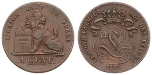 Belgium, Kingdom, Leopold I, 1 Centime Copper 1856, Seated lion with tablet, Morin 124, A.XF